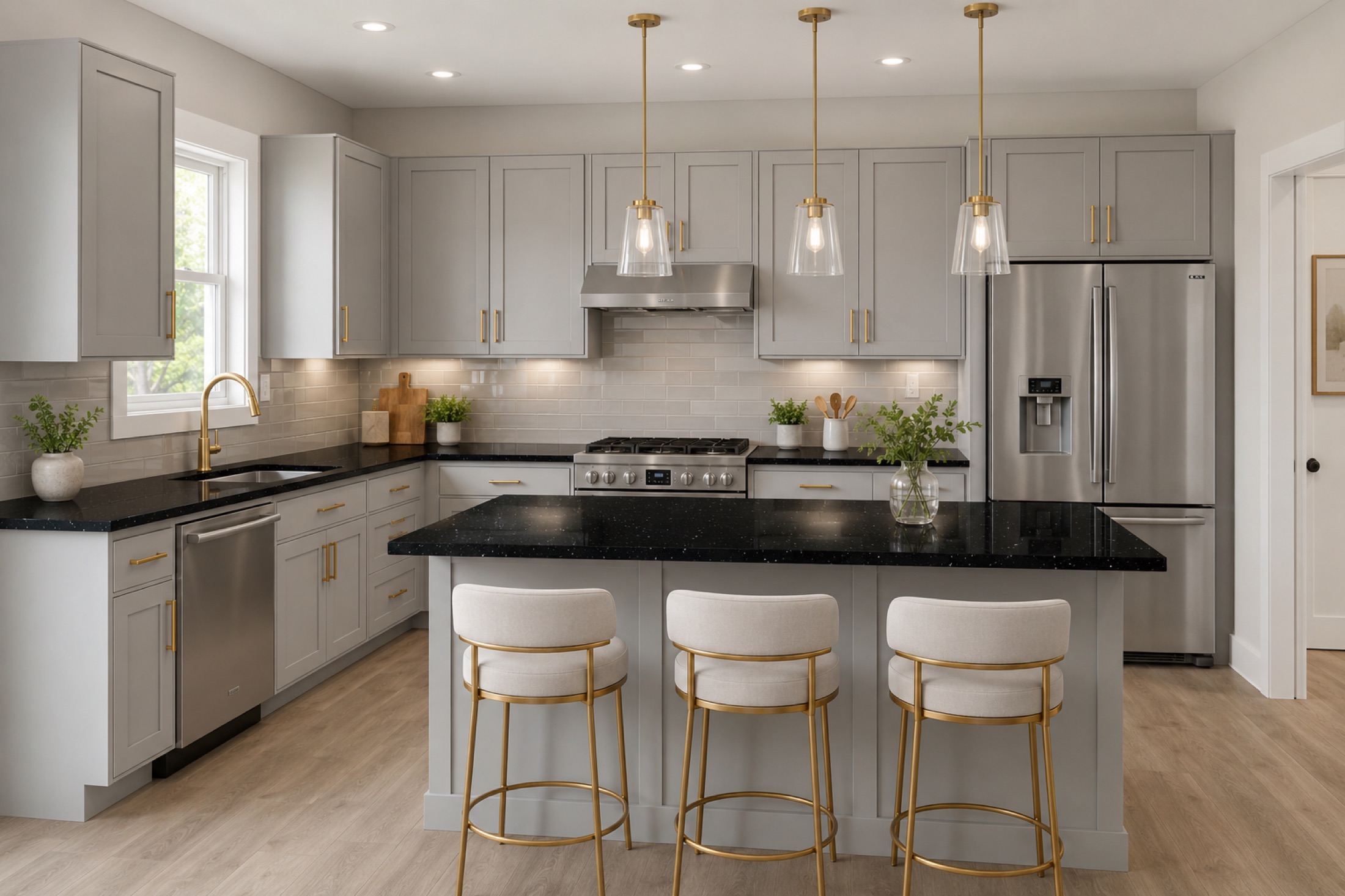 Cypress Collection kitchen with black quartz island, brass pendants, and soft grey cabinetry