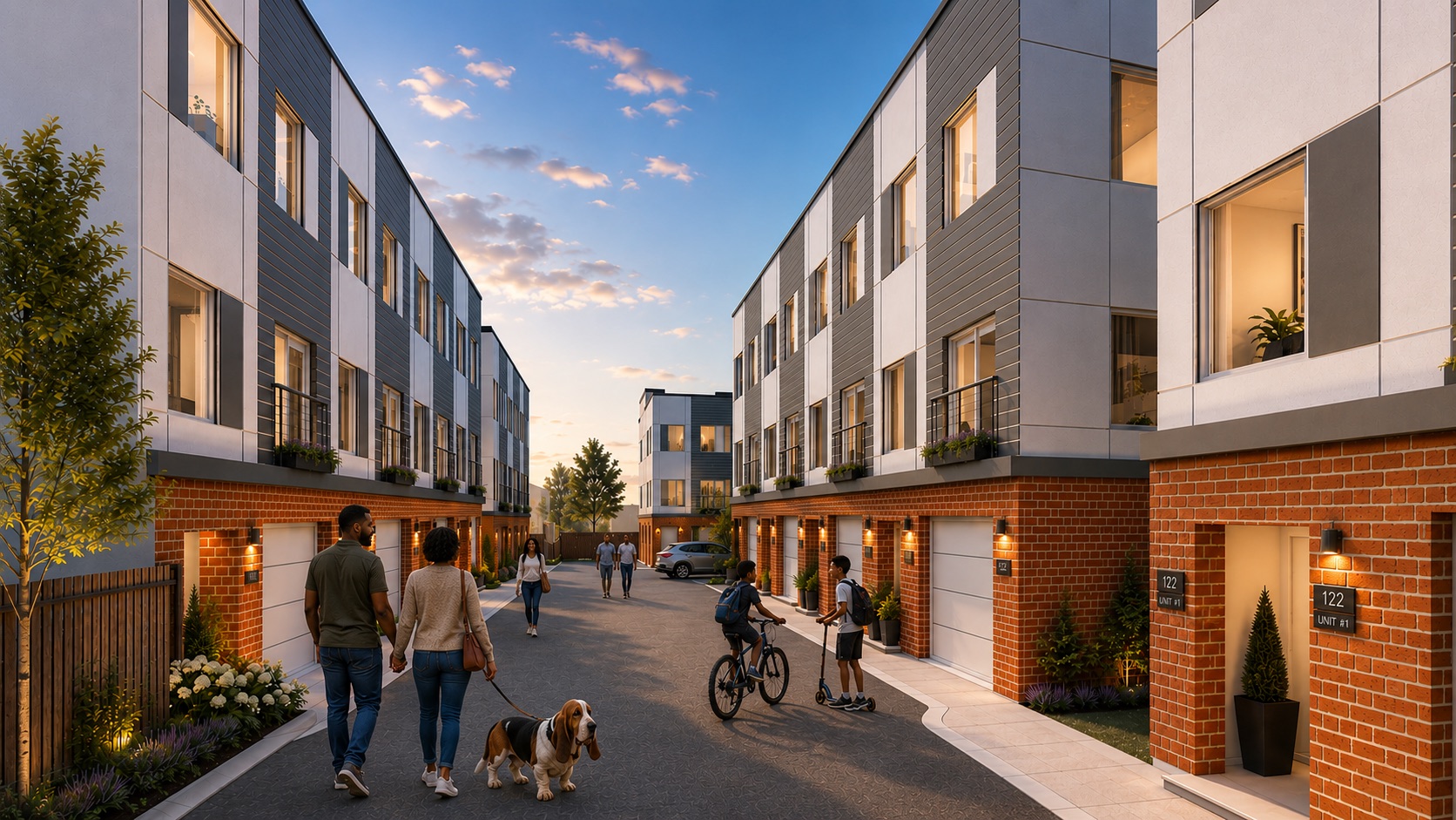 Roots at Mount Airy — evening rendering of the new residences along the private drive